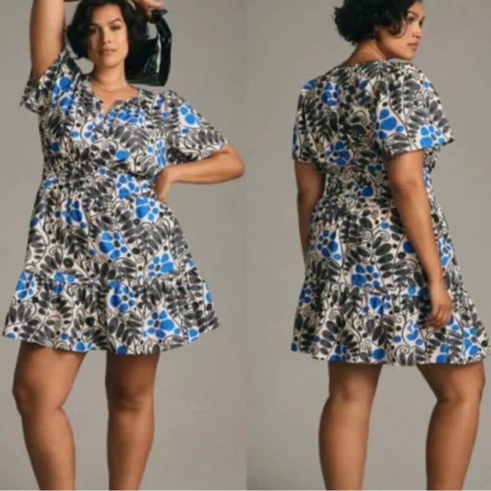 Anthropologie Blue and Black Floral Mini Dress